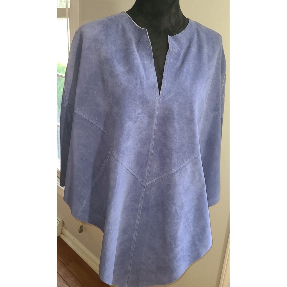Bernardo Womens  100% Leather Suede Poncho Light Blue One Size Trendy Fall Cape